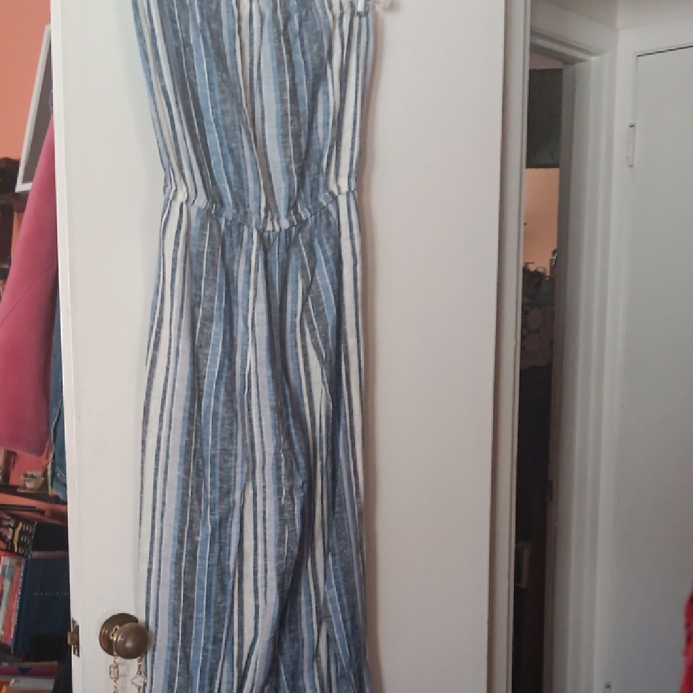 Drew fom Anthropology Blue and White Striped Strapless Jumpsuit